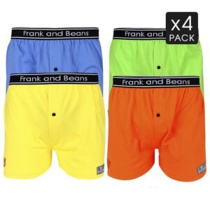 4 Pack boxer shorts (Yellow, Blue, Orange, Green) in a row, showcasing the Frank and Beans