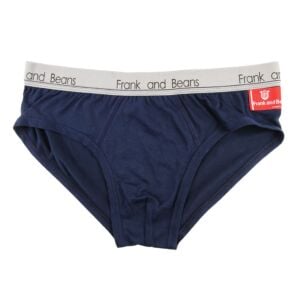 Navy Blue mens cotton briefs flat lay with red ColourTag